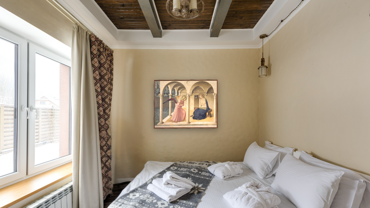 The Annunciation by Fra Angelico, shown at 30 × 40 in (76.2 × 101.6 cm) on canvas in Arber Warm Walnut, hotel guest room