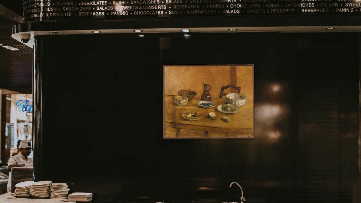 Still Life by André Derain, shown at 32 × 40 in (81.3 × 101.6 cm) on canvas in Arber Warm Walnut, restaurant