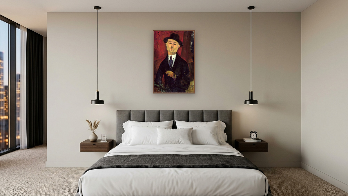 Paul Guillaume (1893-1934) Novo Pilota by Amedeo Modigliani, shown at 28 × 42 in (71.1 × 106.7 cm) on canvas in Arber Warm Walnut, hotel guest room