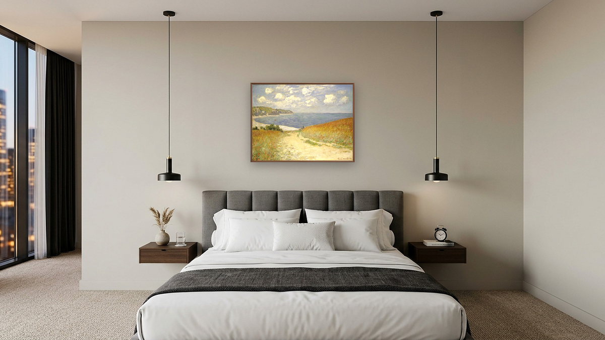 Path In The Wheat at Pourville by Claude Monet, shown at 30 × 40 in (76.2 × 101.6 cm) on canvas in Arber Warm Walnut, hotel guest room