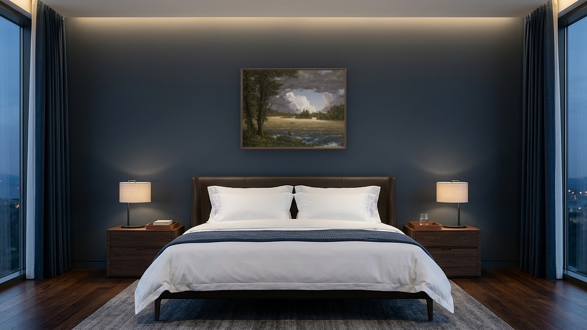 Rapids of the Susquehanna by Frederic Edwin Church, shown at 30 × 40 in (76.2 × 101.6 cm) on canvas in Arber Warm Walnut, hotel guest room
