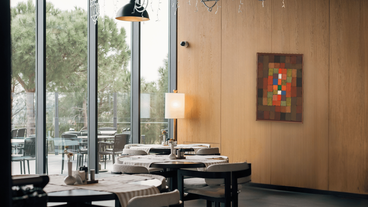 Static-Dynamic Gradation by Paul Klee, shown at 28 × 42 in (71.1 × 106.7 cm) on canvas in Arber Warm Walnut, restaurant