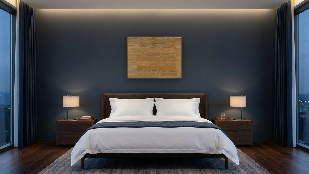 Straightening spears at Ilyingaungau by Turkey Tolson Tjupurrula, shown at 30 × 40 in (76.2 × 101.6 cm) on canvas in Arber Warm Walnut, hotel guest room