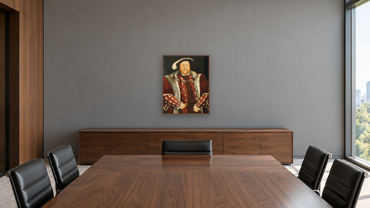 Portrait of King Henry VIII by Hans Holbein the Younger, shown at 32 × 40 in (81.3 × 101.6 cm) on canvas in Arber Warm Walnut, boardroom