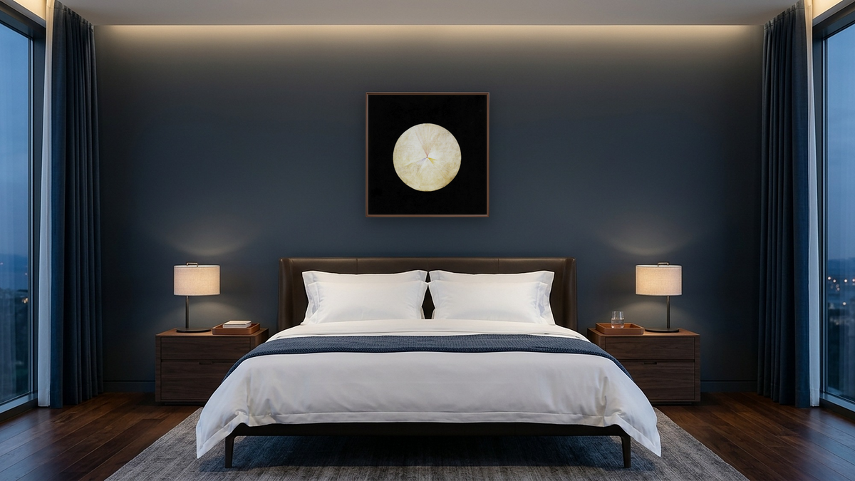 Group IX/SUW, The Swan, No 15 by Hilma af Klint, shown at 32 × 32 in (81.3 × 81.3 cm) on canvas in Arber Warm Walnut, hotel guest room