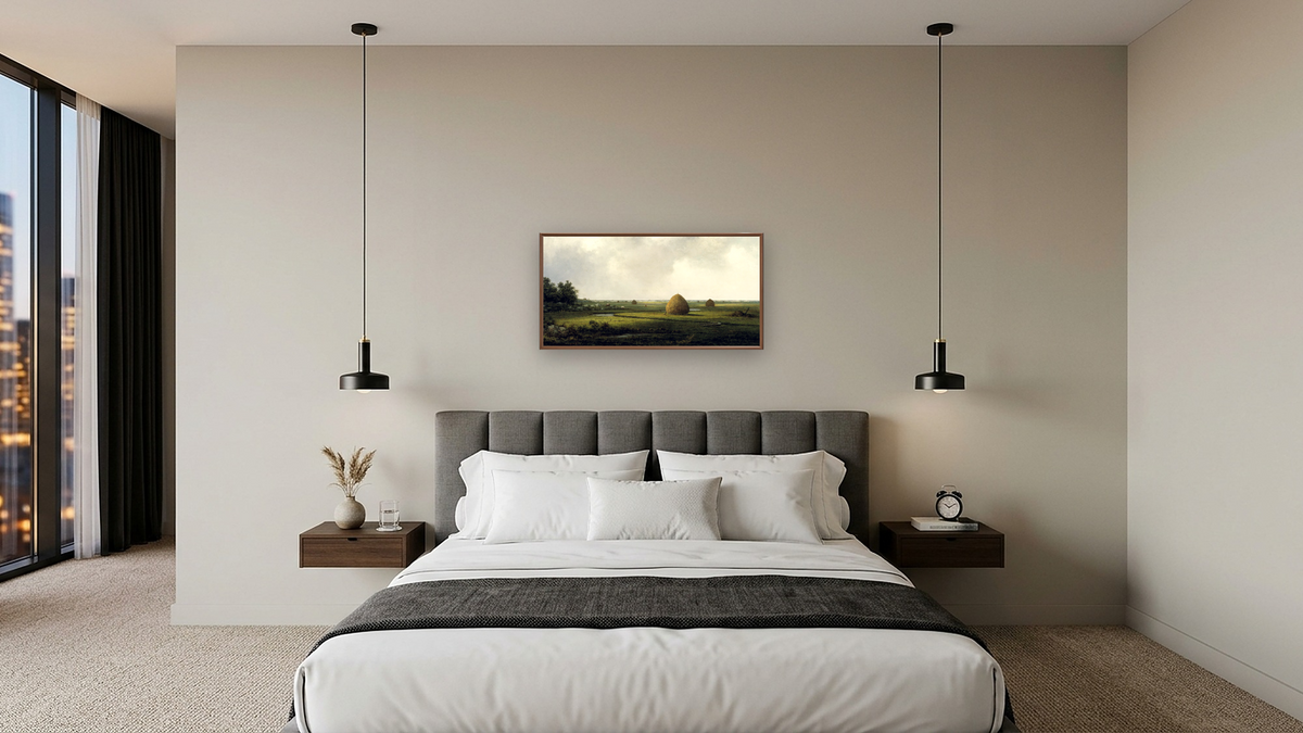 View of Marshfield by Martin Johnson Heade, shown at 20 × 40 in (50.8 × 101.6 cm) on canvas in Arber Warm Walnut, hotel guest room