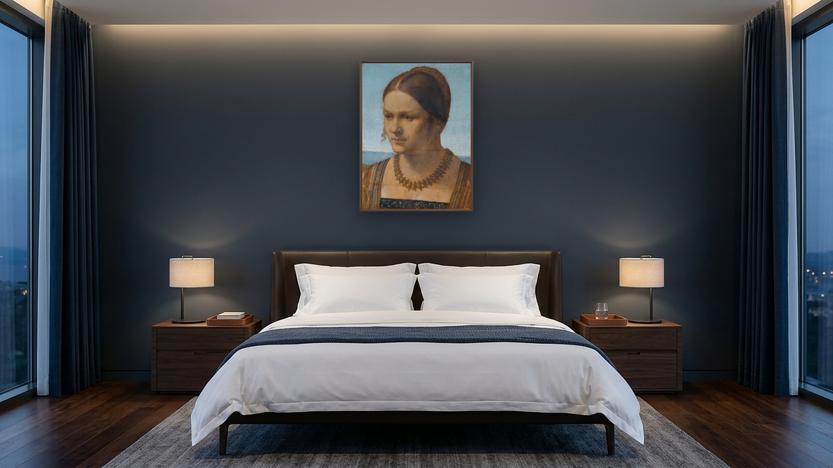 Portrait of a Young Venetian Lady by Albrecht Dürer, shown at 30 × 40 in (76.2 × 101.6 cm) on canvas in Arber Warm Walnut, hotel guest room
