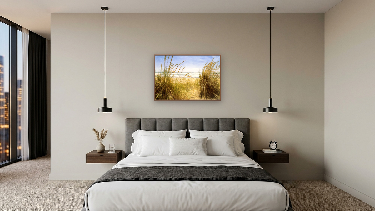 Dune Grass 3, shown at 28 × 42 in (71.1 × 106.7 cm) on canvas in Arber Warm Walnut, hotel guest room