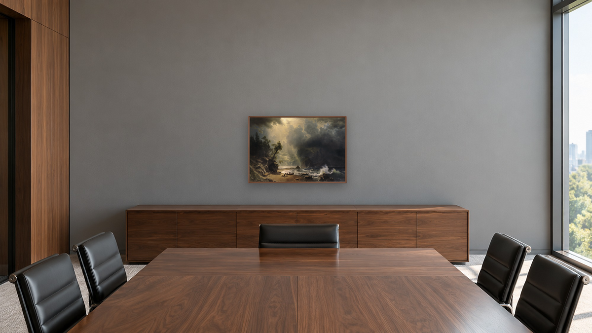 Puget Sound on the Pacific Coast by Albert Bierstadt, shown at 28 × 42 in (71.1 × 106.7 cm) on canvas in Arber Warm Walnut, boardroom