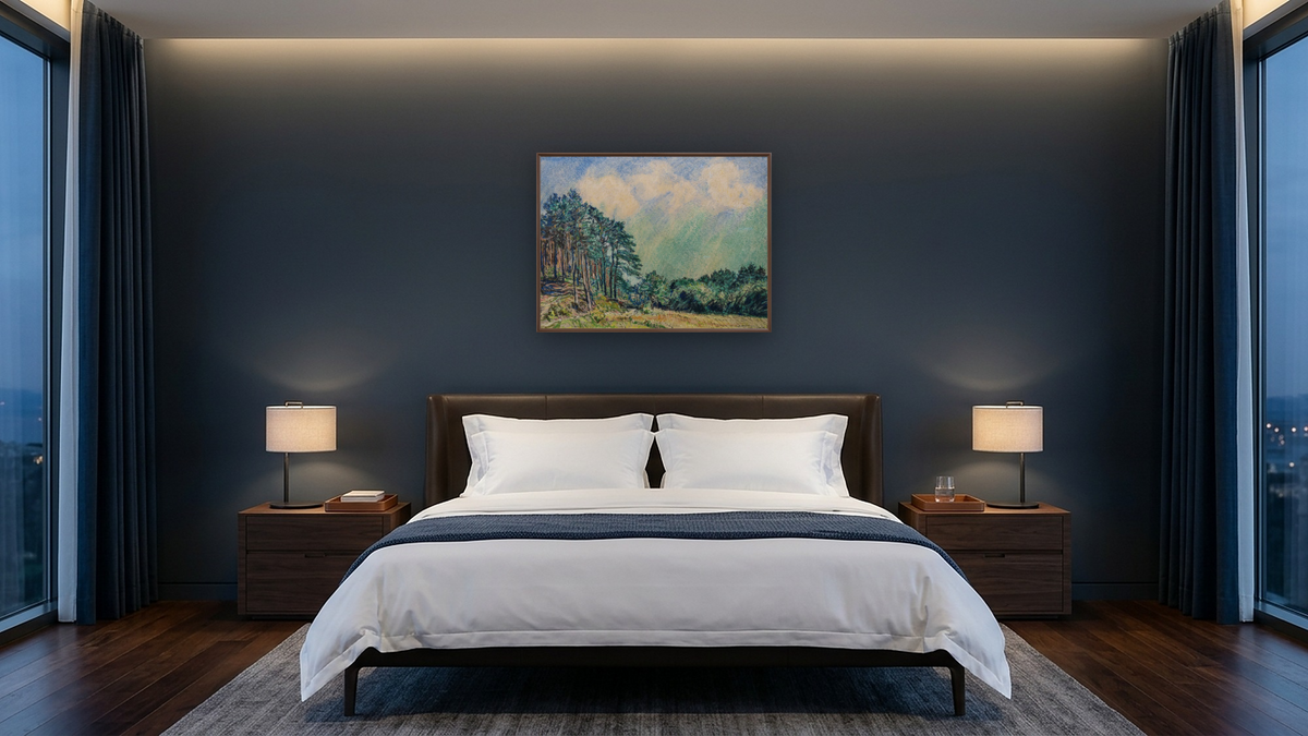 Waldwiese, shown at 30 × 40 in (76.2 × 101.6 cm) on canvas in Arber Warm Walnut, hotel guest room