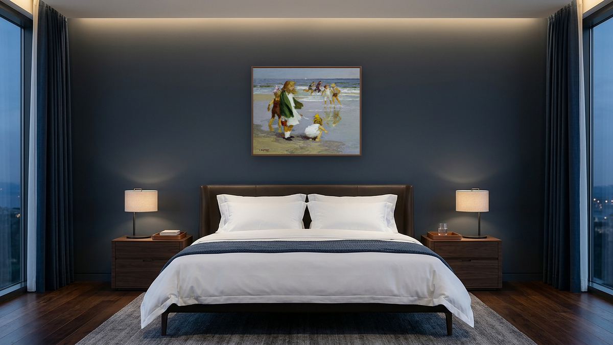 Play In the Surf by Edward Henry Potthast I, shown at 32 × 40 in (81.3 × 101.6 cm) on canvas in Arber Warm Walnut, hotel guest room