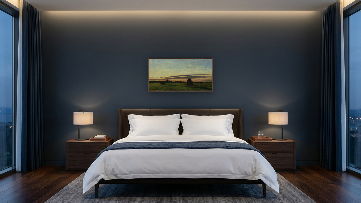 Haystacks at Chailly by Claude Monet, shown at 20 × 40 in (50.8 × 101.6 cm) on canvas in Arber Warm Walnut, hotel guest room