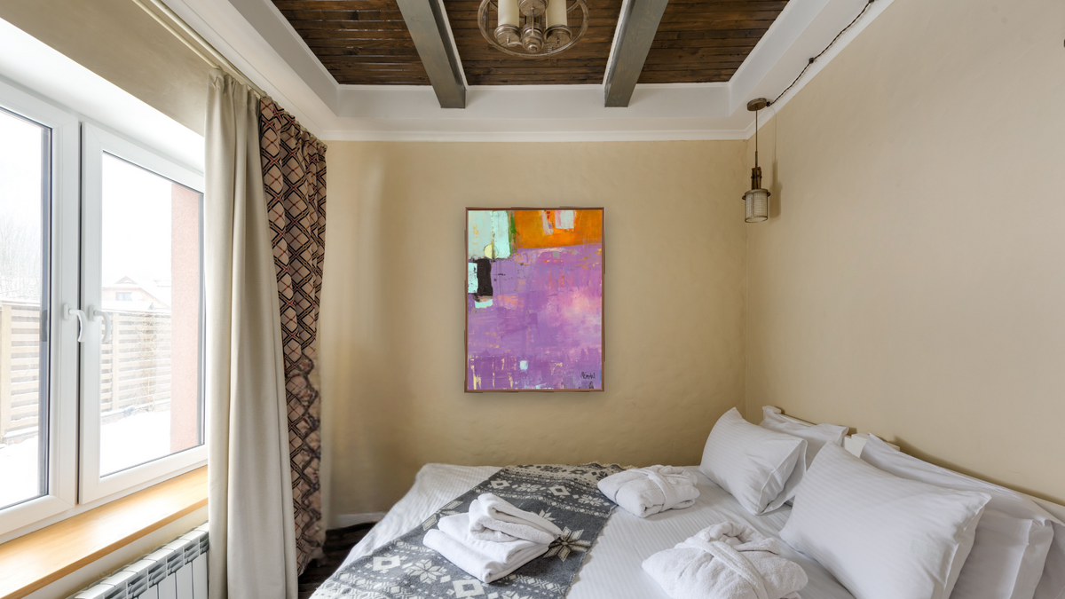 Lavender Moon by Louise Gaskill, shown at 30 × 40 in (76.2 × 101.6 cm) on canvas in Arber Warm Walnut, hotel guest room
