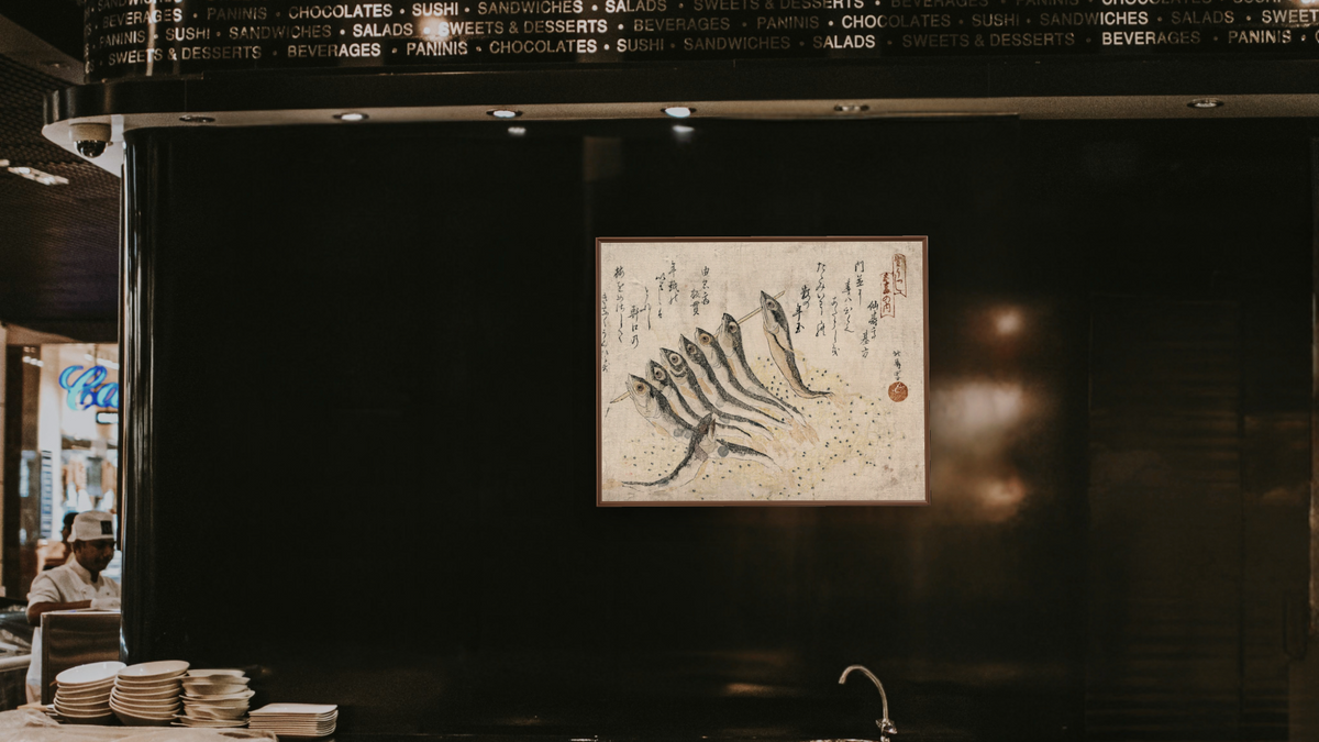 Mezashi to Tatamiiwashi by Teisai Hokuba, shown at 32 × 40 in (81.3 × 101.6 cm) on canvas in Arber Warm Walnut, restaurant