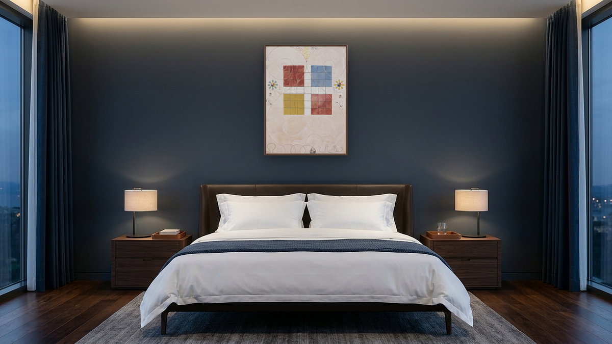Group IV, The Ten Largest, No. 10, Old Age by Hilma af Klint, shown at 30 × 40 in (76.2 × 101.6 cm) on canvas in Arber Warm Walnut, hotel guest room