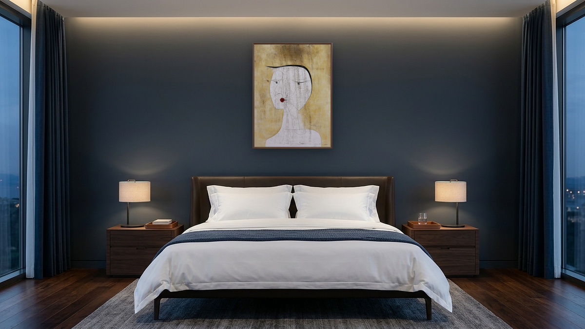 Sealed Woman by Paul Klee, shown at 30 × 40 in (76.2 × 101.6 cm) on canvas in Arber Warm Walnut, hotel guest room