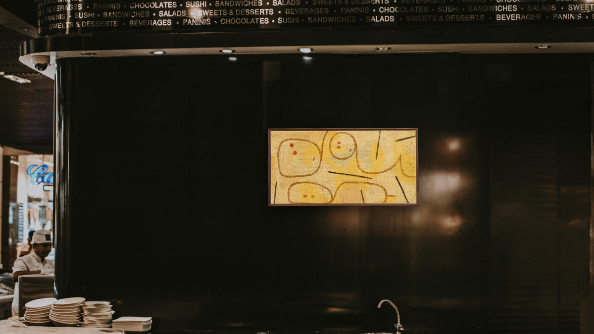 Reclining (Lying Down) by Paul Klee, shown at 20 × 40 in (50.8 × 101.6 cm) on canvas in Arber Warm Walnut, restaurant