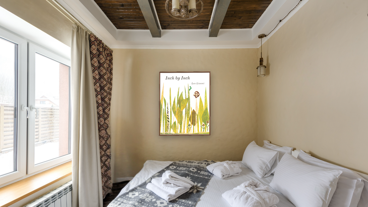Inch by Inch by Leo Lionni, shown at 32 × 40 in (81.3 × 101.6 cm) on canvas in Arber Warm Walnut, hotel guest room