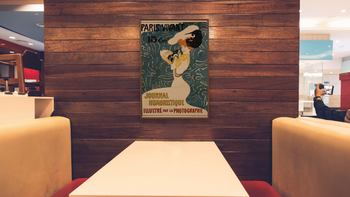 Paris Vivant Poster by Edmond Marie Petitjean, shown at 28 × 42 in (71.1 × 106.7 cm) on canvas in Arber Warm Walnut, restaurant