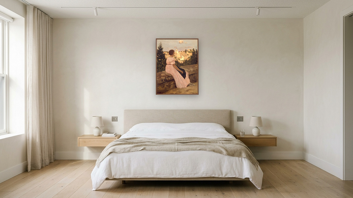 Pink dress (La Robe Rose) by Frederic Bazille, shown at 30 × 40 in (76.2 × 101.6 cm) on canvas in Arber Warm Walnut, hotel guest room