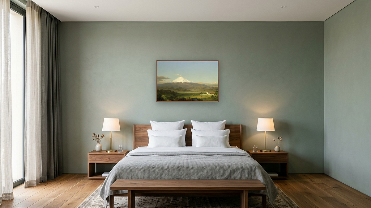 Cotopaxi by Frederic Edwin Church, shown at 28 × 42 in (71.1 × 106.7 cm) on canvas in Arber Warm Walnut, hotel guest room