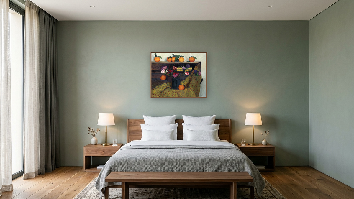 Anemones And Oranges by Félix Vallotton, shown at 32 × 40 in (81.3 × 101.6 cm) on canvas in Arber Warm Walnut, hotel guest room