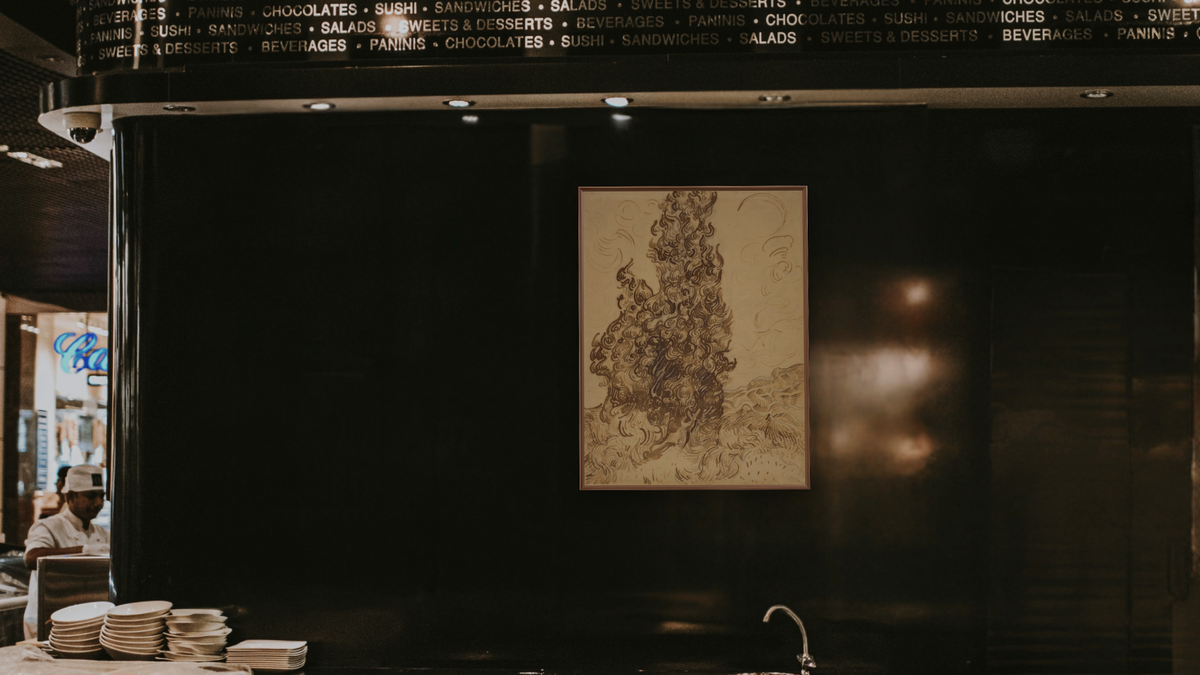 Cypresses (Les Cyprès) by Vincent van Gogh, shown at 30 × 40 in (76.2 × 101.6 cm) on canvas in Arber Warm Walnut, restaurant
