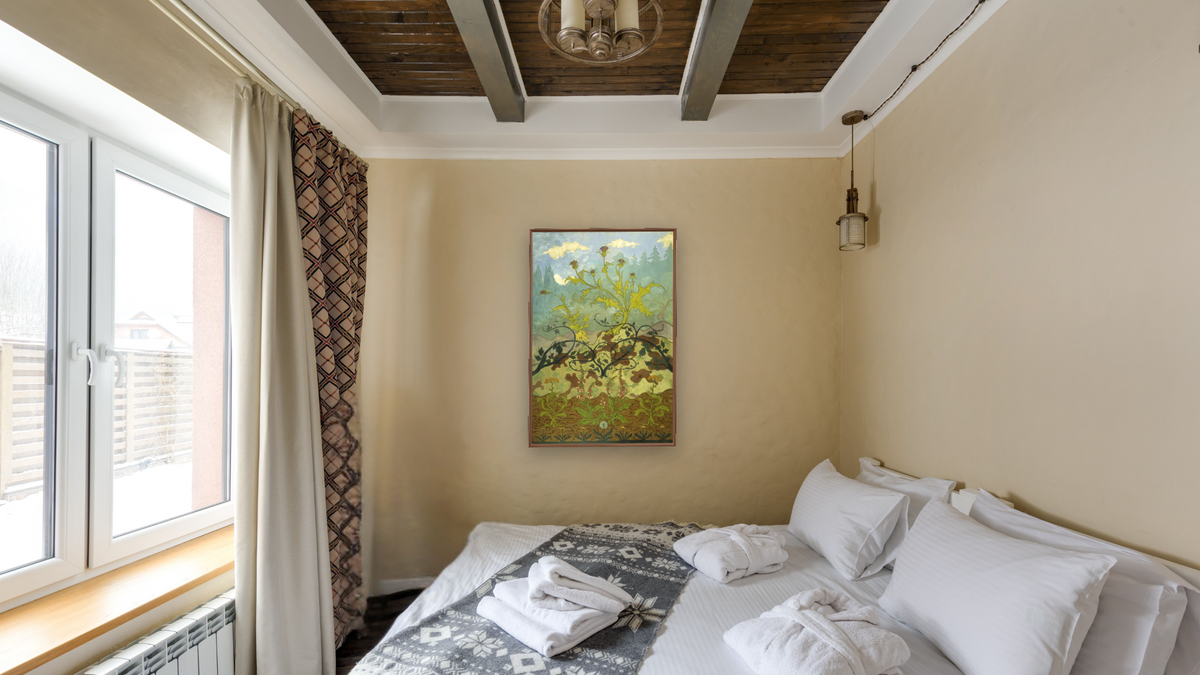 Thistles and Foxglove by Paul Elie Ranson, shown at 28 × 42 in (71.1 × 106.7 cm) on canvas in Arber Warm Walnut, hotel guest room