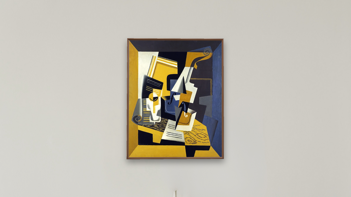 A Violin and Glass by Juan Gris, shown at 32 × 40 in (81.3 × 101.6 cm) on canvas in Arber Warm Walnut, boardroom