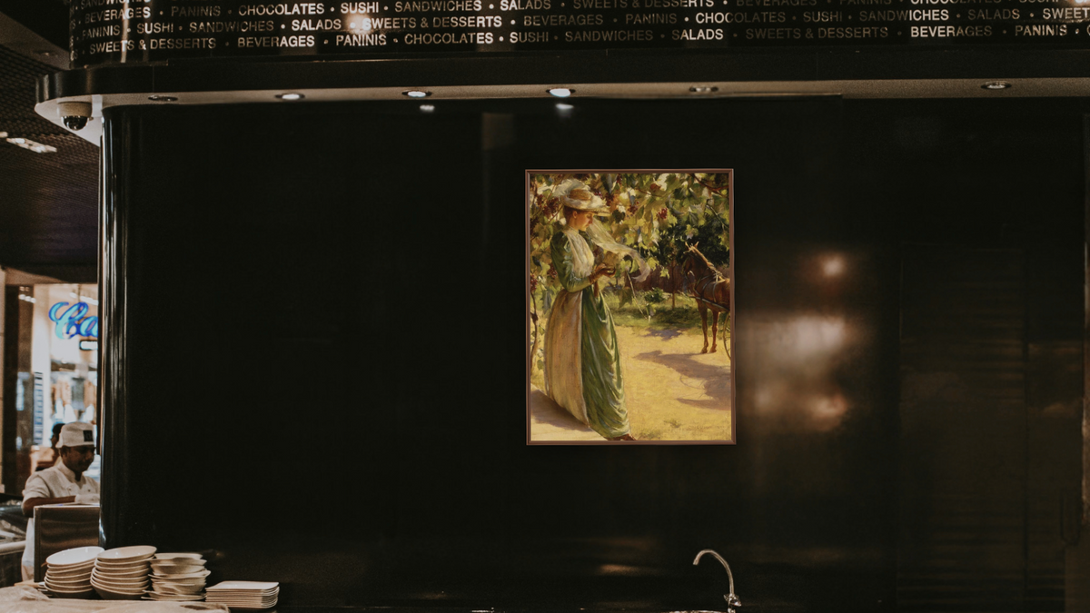 Woman with Horse and Carriage (Going for a Drive) by Charles Courtney Curran, shown at 30 × 40 in (76.2 × 101.6 cm) on canvas in Arber Warm Walnut, restaurant