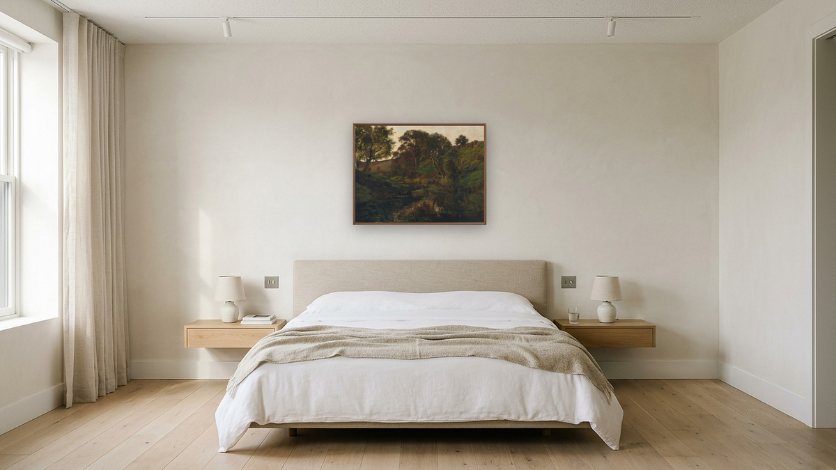 Evening, Merri Creek by Julian Ashton, shown at 30 × 40 in (76.2 × 101.6 cm) on canvas in Arber Warm Walnut, hotel guest room