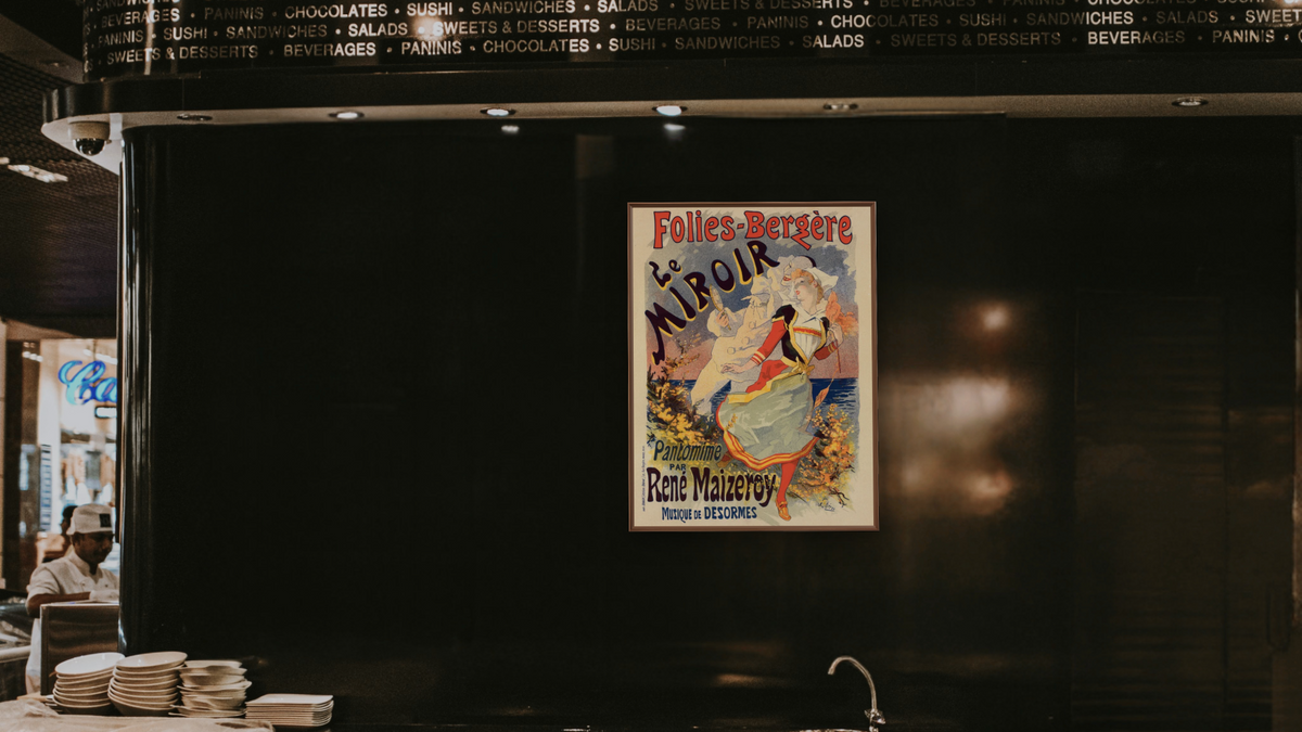 les Folies-Bergère "Le Miroir", from Les Maîtres de l'affiche, Volume 4 by Jules Chéret, shown at 30 × 40 in (76.2 × 101.6 cm) on canvas in Arber Warm Walnut, restaurant