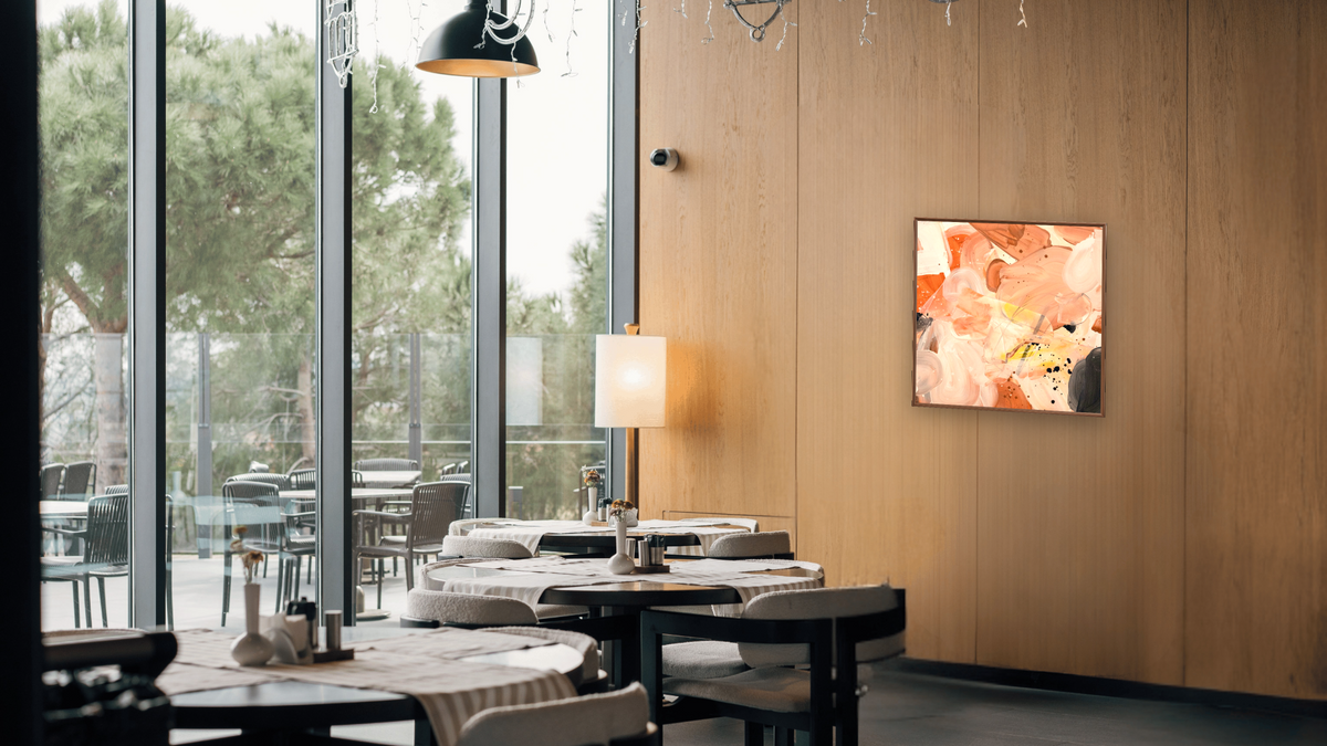 Snack 25 by Nino Yuniardi, shown at 32 × 32 in (81.3 × 81.3 cm) on canvas in Arber Warm Walnut, restaurant