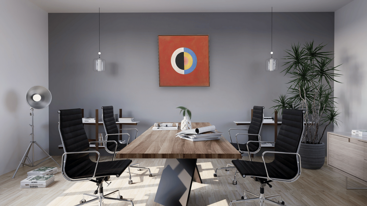 Group IX/SUW, The Swan, No 17 by Hilma af Klint, shown at 32 × 32 in (81.3 × 81.3 cm) on canvas in Arber Warm Walnut, boardroom