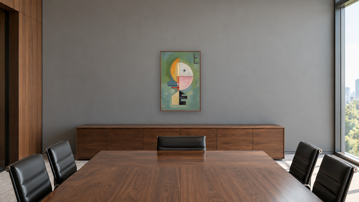 Upward, shown at 28 × 42 in (71.1 × 106.7 cm) on canvas in Arber Warm Walnut, boardroom
