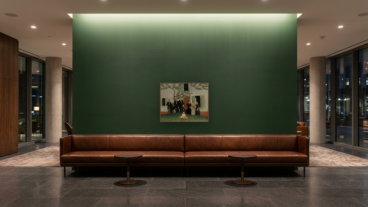 The Family (La famille) by Henri Rousseau, shown at 32 × 40 in (81.3 × 101.6 cm) on canvas in Arber Warm Walnut, hotel lobby