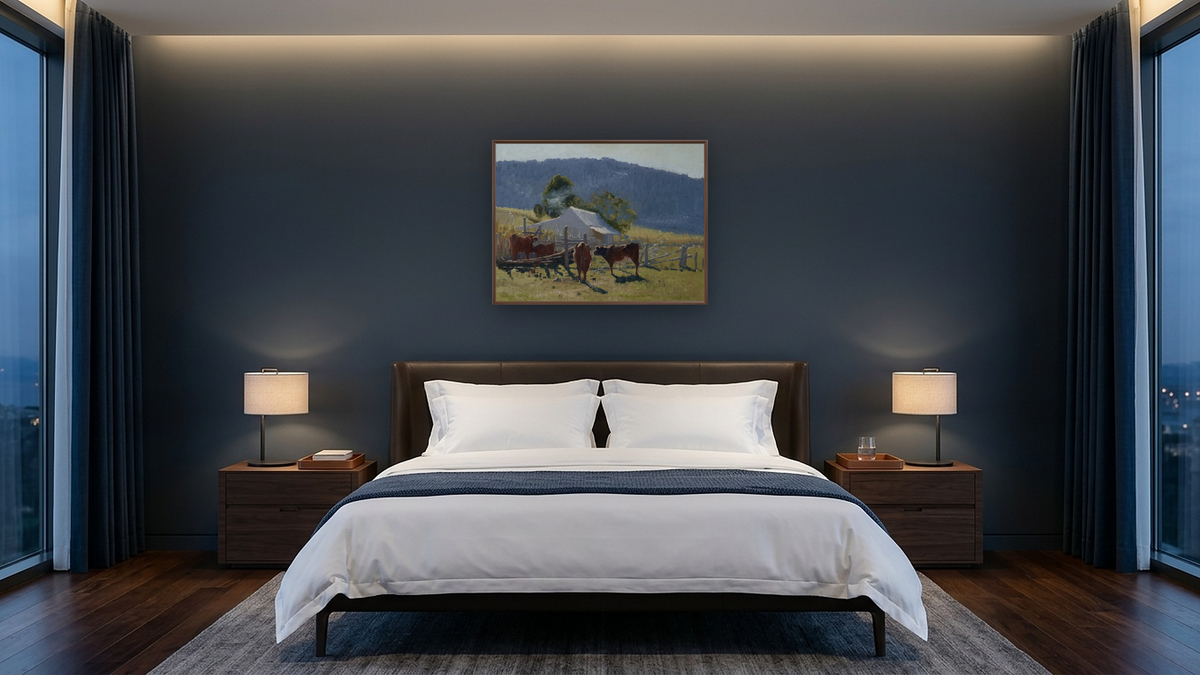 Milking Time by Elioth Gruner, shown at 30 × 40 in (76.2 × 101.6 cm) on canvas in Arber Warm Walnut, hotel guest room