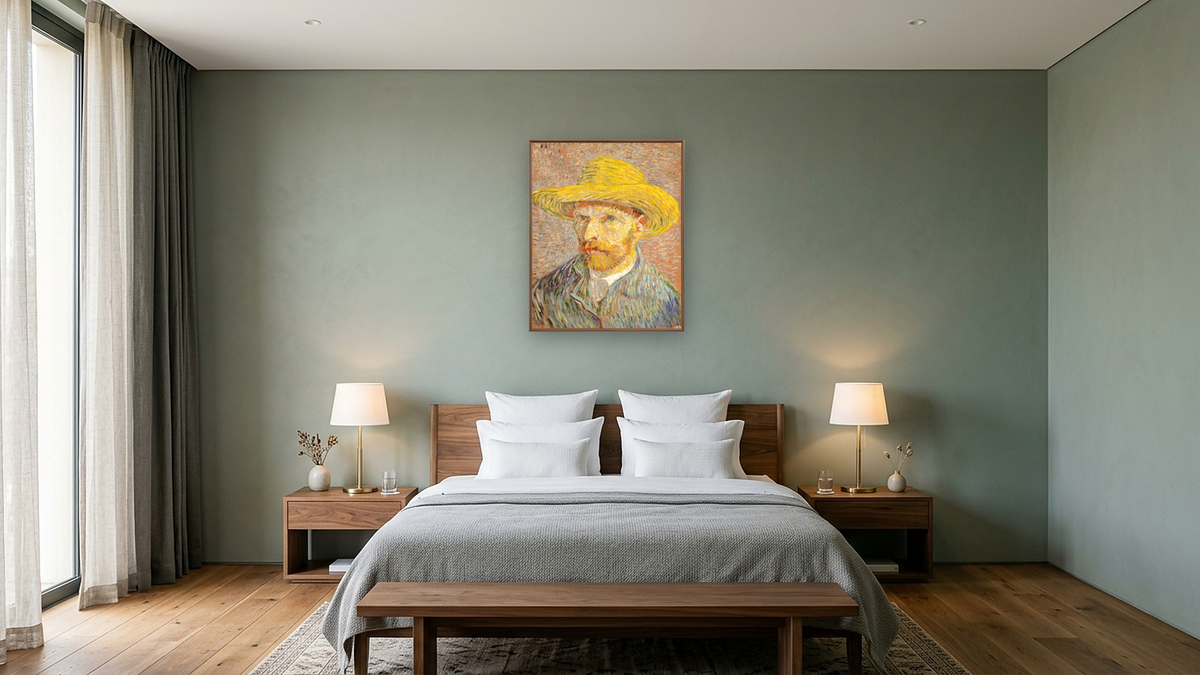 Self-Portrait with a Straw Hat (obverse: The Potato Peeler) by Vincent van Gogh, shown at 32 × 40 in (81.3 × 101.6 cm) on canvas in Arber Warm Walnut, hotel guest room