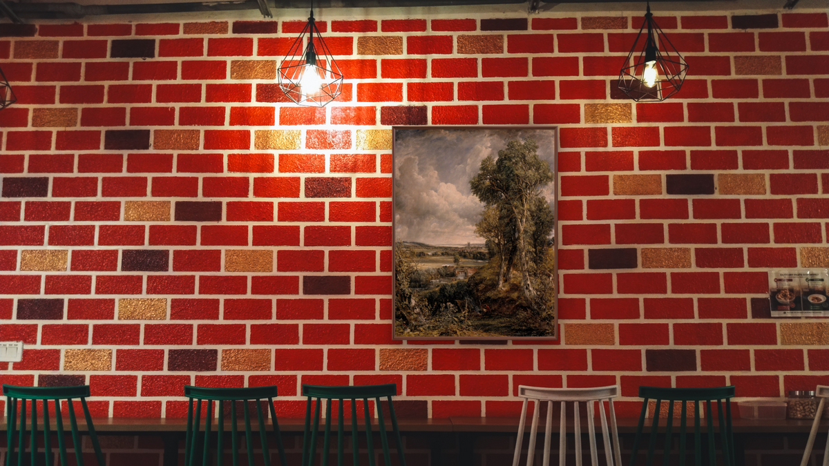 The Vale of Dedham by John Constable, shown at 32 × 40 in (81.3 × 101.6 cm) on canvas in Arber Warm Walnut, restaurant