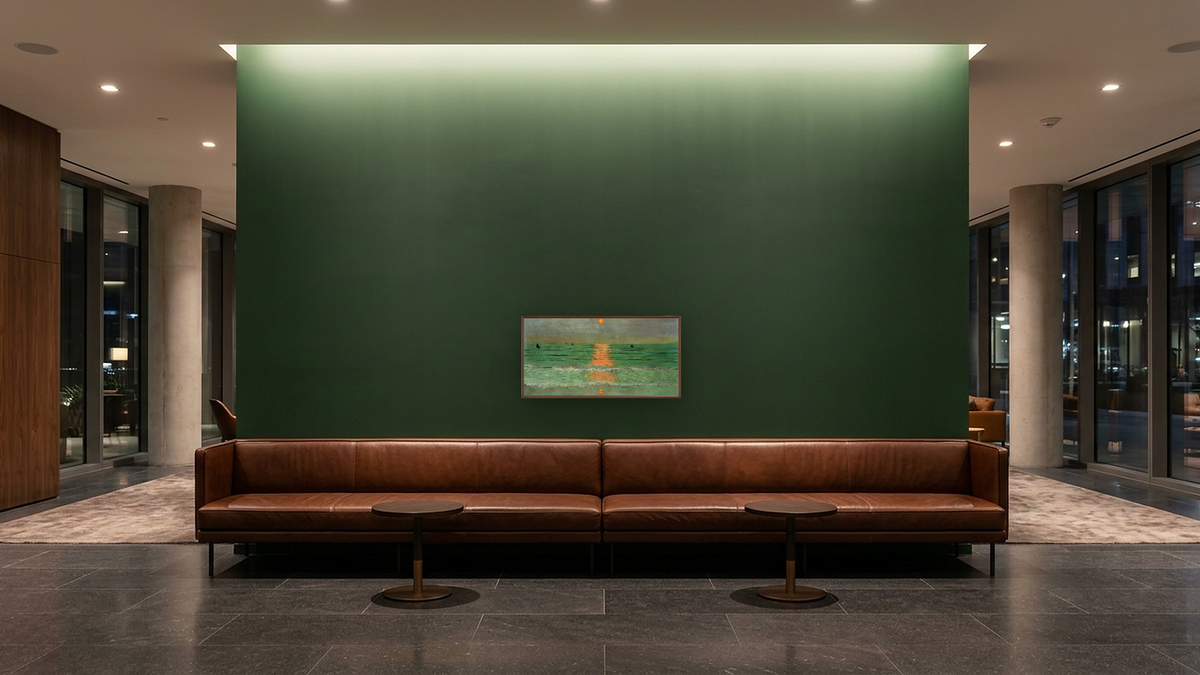 Sunset. Coucher De Soleil by Félix Vallotton, shown at 20 × 40 in (50.8 × 101.6 cm) on canvas in Arber Warm Walnut, hotel lobby