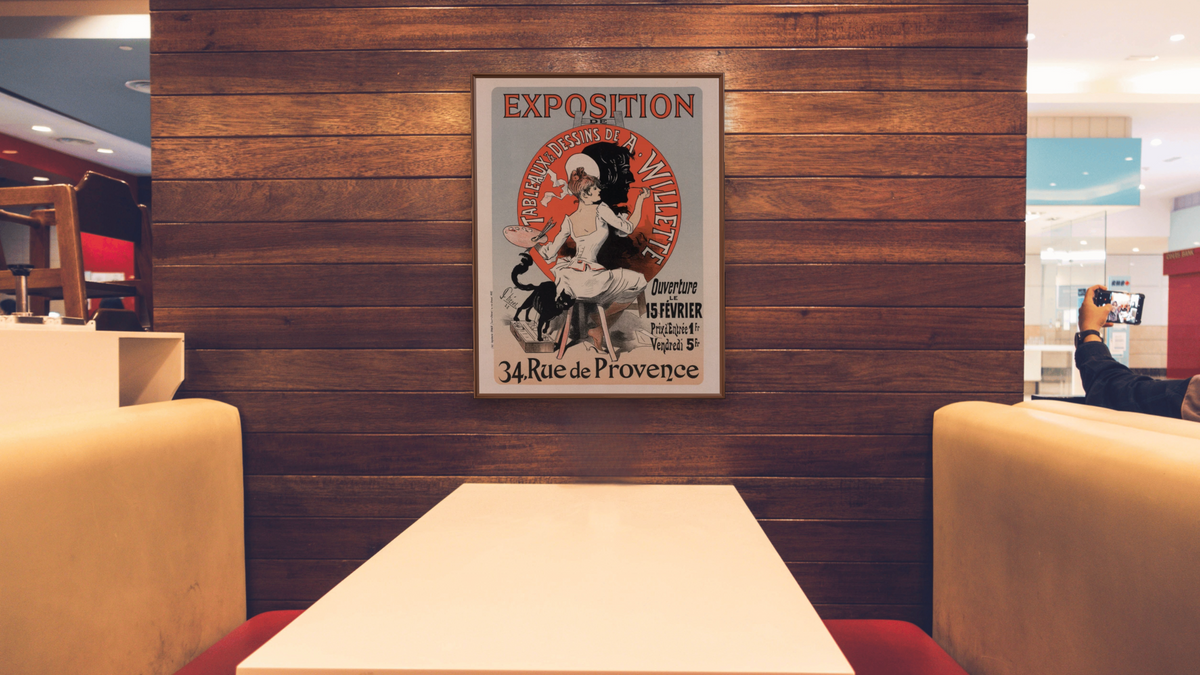 l'Exposition de Tableaux et Dessins de A. Willette, from Les Maîtres de l'affiche, Volume 3 by Jules Chéret, shown at 30 × 40 in (76.2 × 101.6 cm) on canvas in Arber Warm Walnut, restaurant