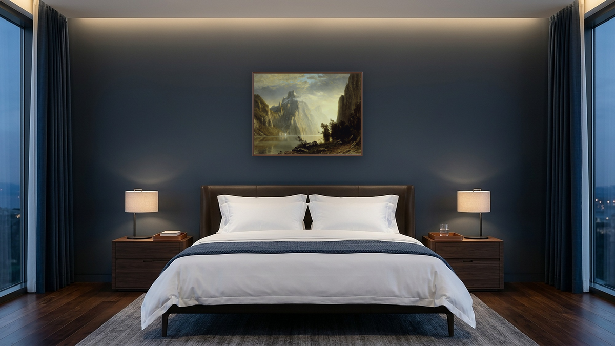 A Lake in the Sierra Nevada by Albert Bierstadt, shown at 30 × 40 in (76.2 × 101.6 cm) on canvas in Arber Warm Walnut, hotel guest room