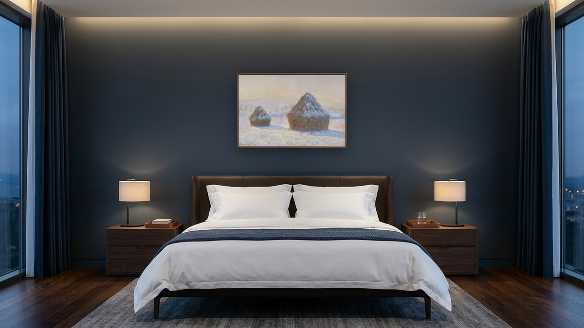 Wheatstacks, Snow Effect, Morning (Meules, Effet de Neige, Le Matin) by Claude Monet, shown at 28 × 42 in (71.1 × 106.7 cm) on canvas in Arber Warm Walnut, hotel guest room