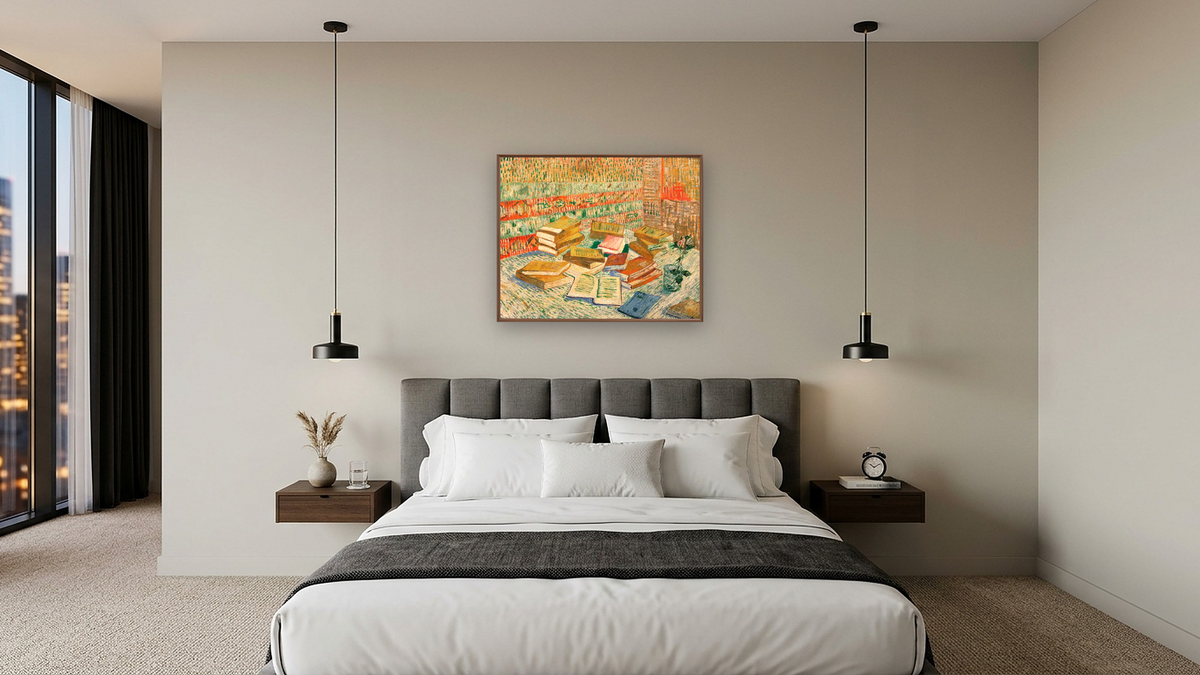 The Yellow Books by Vincent van Gogh, shown at 32 × 40 in (81.3 × 101.6 cm) on canvas in Arber Warm Walnut, hotel guest room