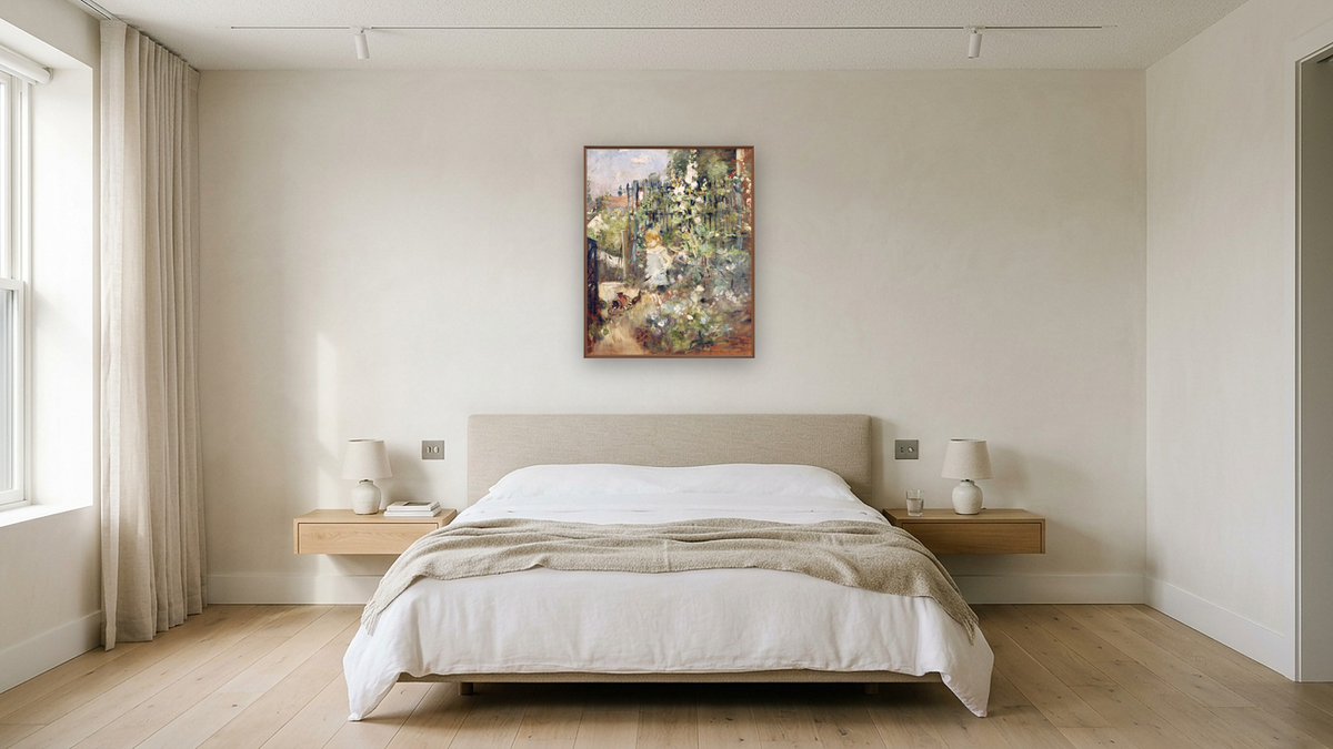 A Child In the Rosebeds by Berthe Morisot, shown at 32 × 40 in (81.3 × 101.6 cm) on canvas in Arber Warm Walnut, hotel guest room