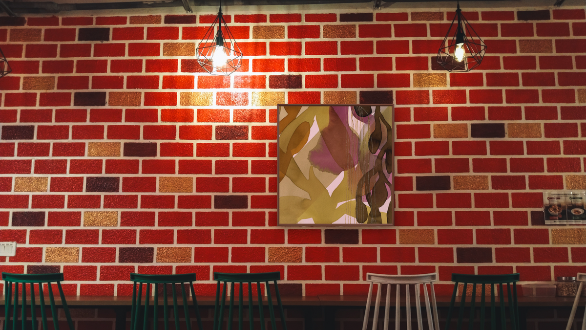 Underwater Reverie 4 by Jenny Phillips, shown at 32 × 32 in (81.3 × 81.3 cm) on canvas in Arber Warm Walnut, restaurant