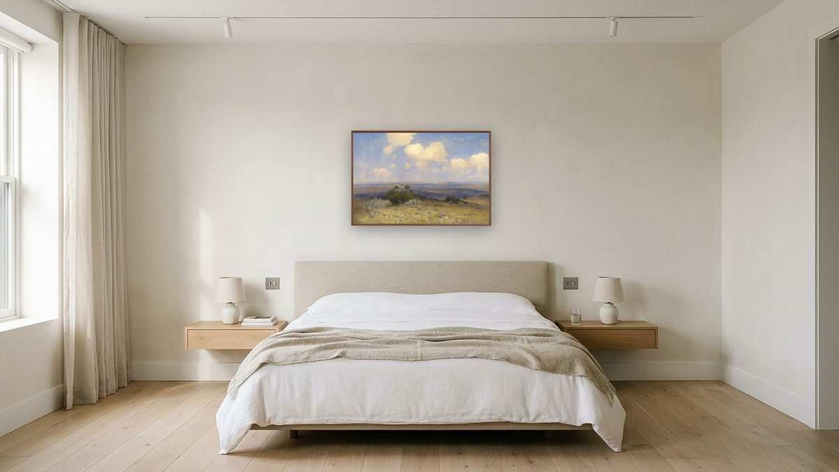 Sunlight and Shadow by Julian Onderdonk, shown at 28 × 42 in (71.1 × 106.7 cm) on canvas in Arber Warm Walnut, hotel guest room