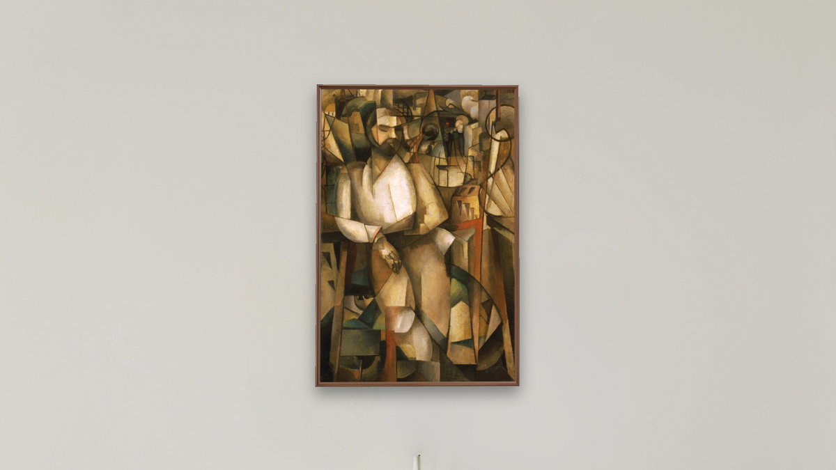 Man on a Balcony (Portrait of Dr. Théo Morinaud) by Albert Gleizes, shown at 28 × 42 in (71.1 × 106.7 cm) on canvas in Arber Warm Walnut, boardroom