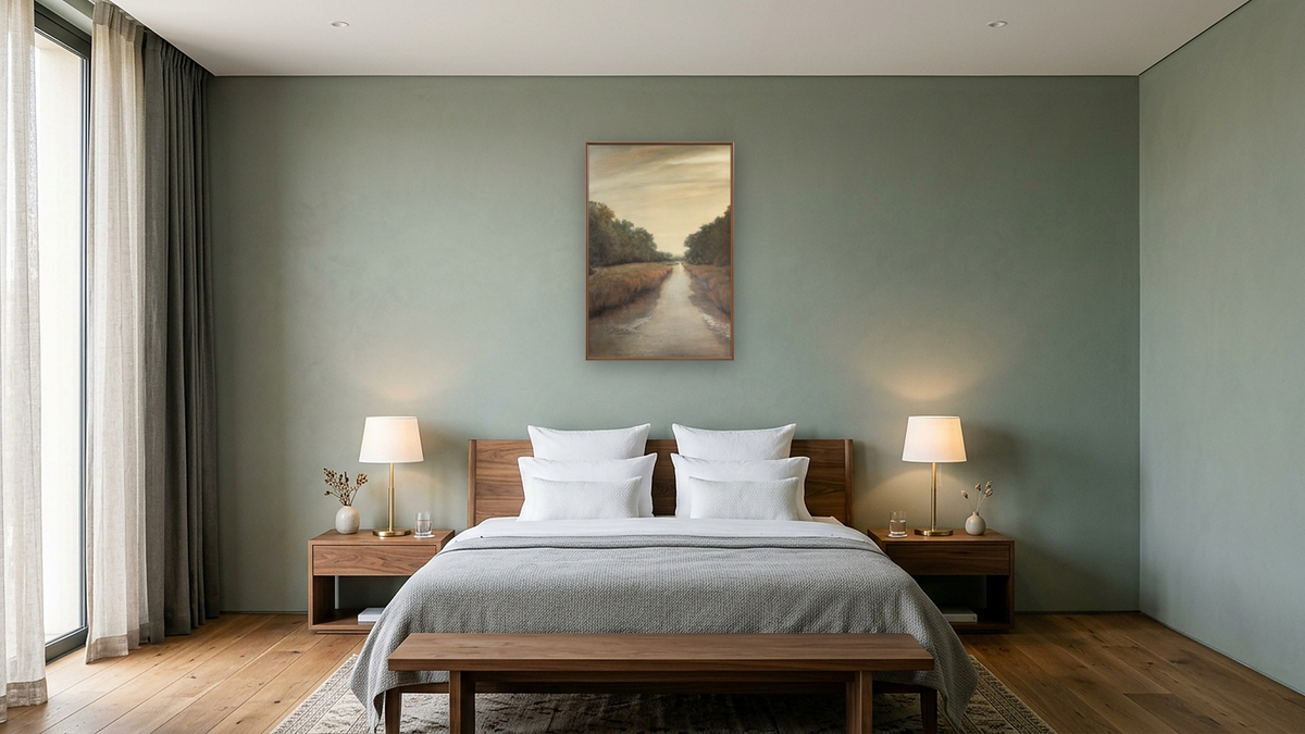 Overcast by Donald Darst, shown at 28 × 42 in (71.1 × 106.7 cm) on canvas in Arber Warm Walnut, hotel guest room