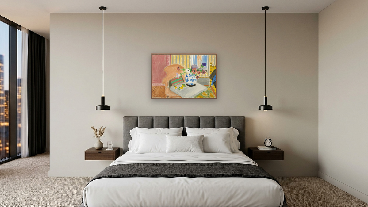 Anemones and Chinese Vase, by Henri Matisse, shown at 28 × 42 in (71.1 × 106.7 cm) on canvas in Arber Warm Walnut, hotel guest room